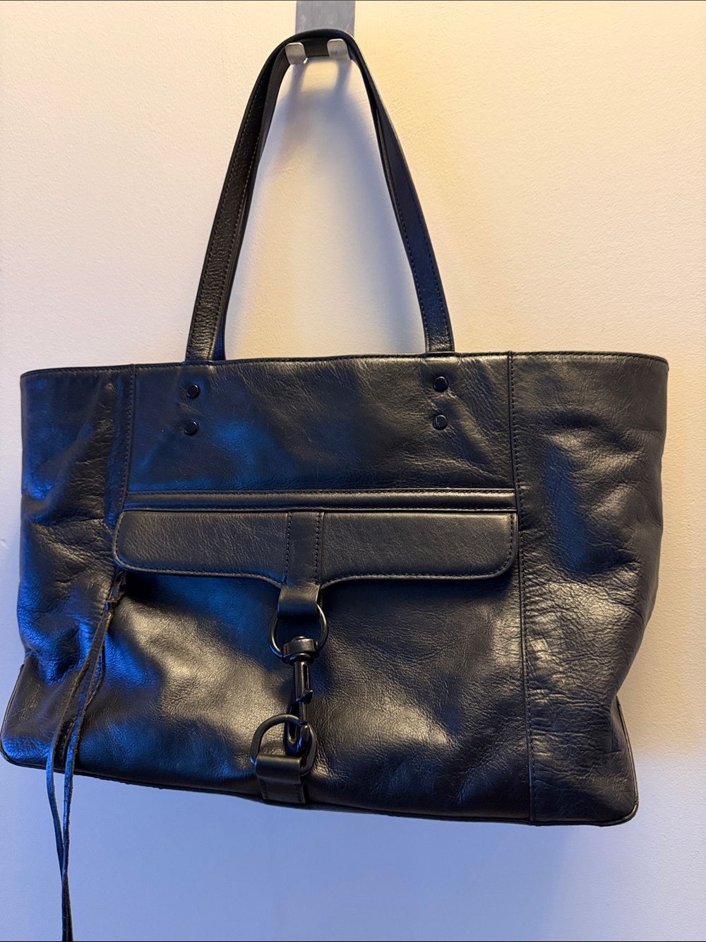 Rebecca Minkoff MAB Black Leather Tote Dog Clip Matte Hardware Large